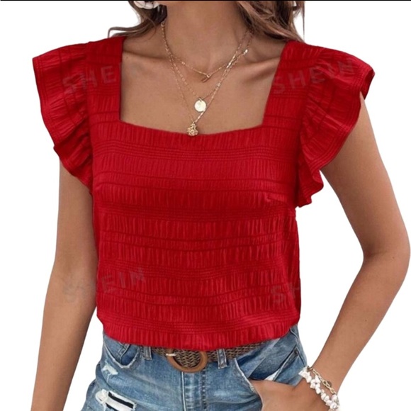 SHEIN Tops - 2/30 NWT Red Ruffle Trim, Bubble Textured Top with Squared Neck. Size XL